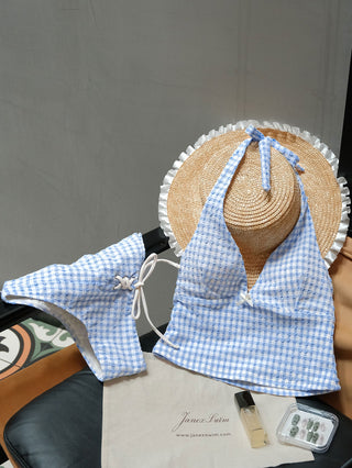 Light Blue Gingham Grommet Lace Up Bikini Bottom