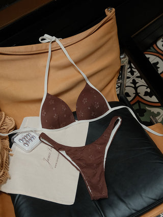 Deep Coffee Recycled Fabric Eyelet Jacquard High Cut Bikini Bottom