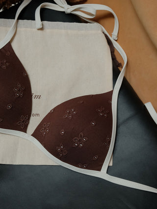 Deep Coffee Recycled Fabric Eyelet Jacquard Push Up Bikini Top