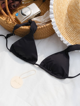 Black Solid Color Ruched Wide Straps Triangle Bikini Top