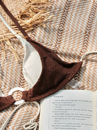 Deep Coffee Recycled Fabric Jacquard O Ring Double Layer Top  & Cheeky Brazilian Bottom Bikini Set