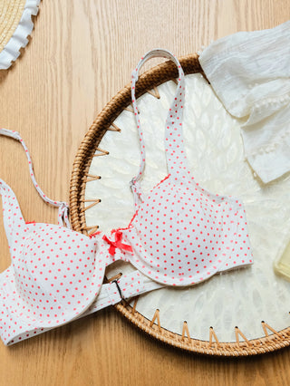 Crystal Cream Polka Dot Lace Bowknot Underwire Skirtini Bikini Set