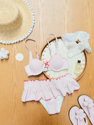 Crystal Cream Polka Dot Lace Bowknot Underwire Skirtini Bikini Set