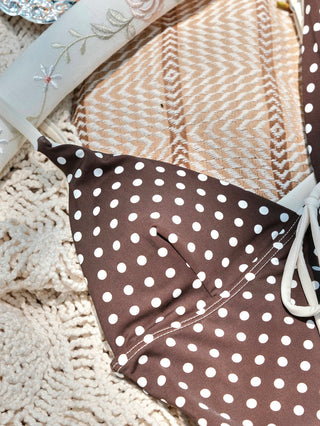 Deep Coffee Polka Dot Bowknot Cami Tank Top & Cheeky Boyshorts Tankini Set