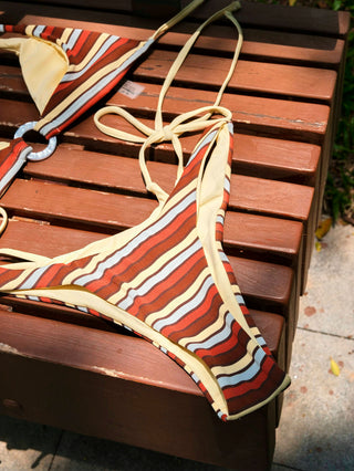 Yellow Contrast Color Ribbed Knit Striped O Ring Double Layer Bikini Set