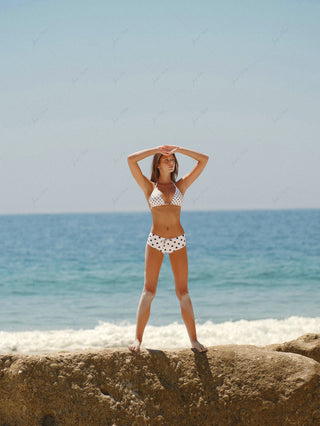 Crystal Cream Vintage Polka Dot Reversible Halter Triangle Bikini Top