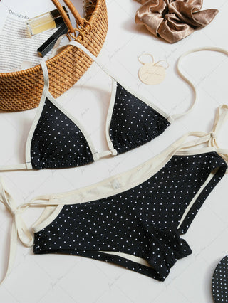 Black Polka Dot Contrast Binding Halter Triangle Bikini Set