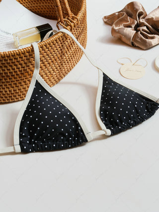 Black Polka Dot Contrast Binding Halter Triangle Bikini Top