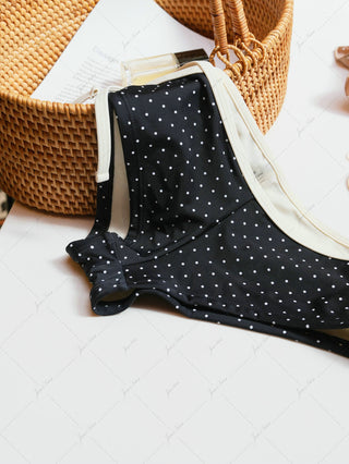 Black Polka Dot Contrast Binding Halter Triangle Bikini Set