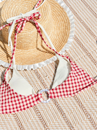 Pomegranate Red Gingham Textured O Ring Double Layer Bikini Top