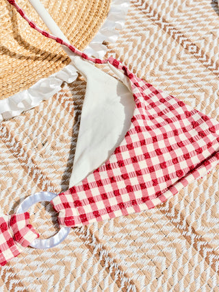 Pomegranate Red Gingham Textured O Ring Double Layer Bikini Set