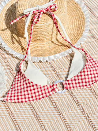 Pomegranate Red Gingham Textured O Ring Double Layer Bikini Top