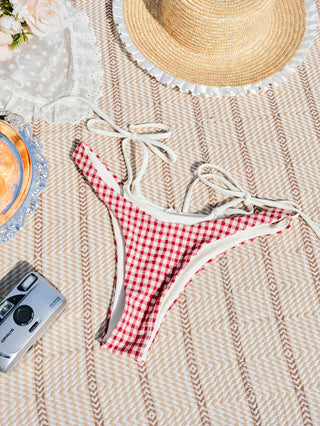 Pomegranate Red Contrast Color Gingham Double Layer Bikini Bottom