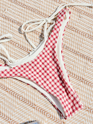 Pomegranate Red Gingham Textured O Ring Double Layer Bikini Set