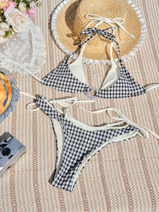 Black Gingham Textured O Ring Double Layer Bikini Set