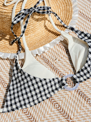 Black Gingham Textured O Ring Double Layer Bikini Set