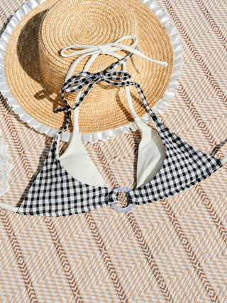 Black Gingham Textured O Ring Double Layer Bikini Top