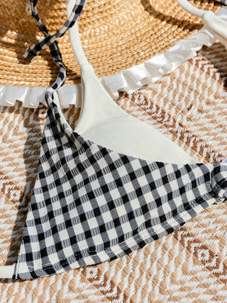 Black Gingham Textured O Ring Double Layer Bikini Top