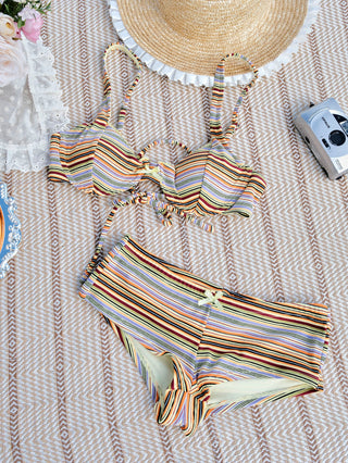 Yellow Ribbed Knit Striped Bowknot Underwire Cheeky Boyshorts Bikini Set