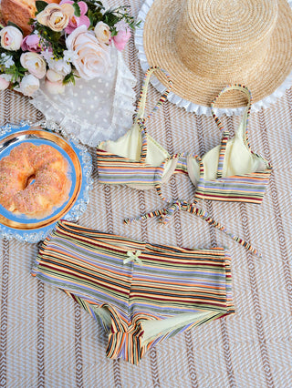 Yellow Ribbed Knit Striped Bowknot Underwire Cheeky Boyshorts Bikini Set