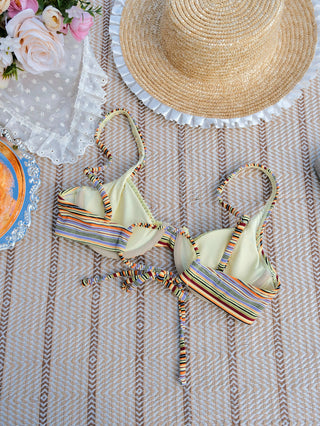 Yellow Ribbed Knit Striped Bowknot Underwire Bikini Top
