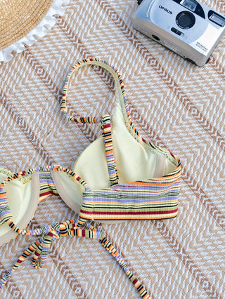 Yellow Ribbed Knit Striped Bowknot Underwire Cheeky Boyshorts Bikini Set