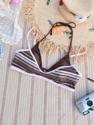 Deep Coffee Ribbed Knit Striped Contrast Binding Double Layer Bikini Top