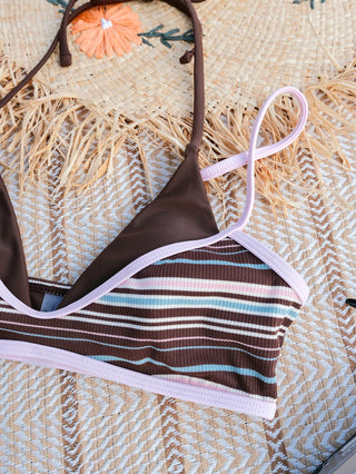 Deep Coffee Ribbed Knit Striped Contrast Binding Double Layer Bikini Top