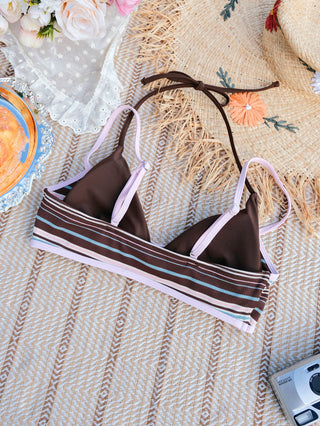 Deep Coffee Ribbed Knit Striped Contrast Binding Double Layer Bikini Top