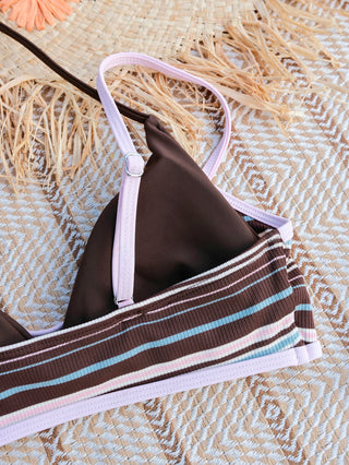 Deep Coffee Ribbed Knit Striped Contrast Binding Double Layer Bikini Set