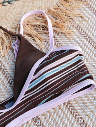 Deep Coffee Ribbed Knit Striped Contrast Binding Double Layer Bikini Set