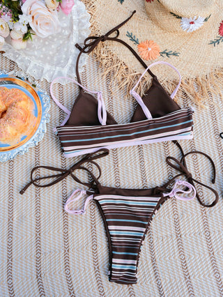 Deep Coffee Ribbed Knit Striped Contrast Binding Double Layer Bikini Set