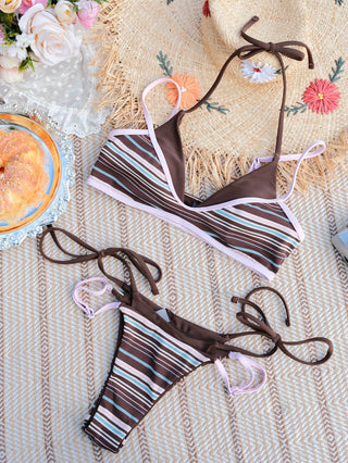 Deep Coffee Ribbed Knit Striped Contrast Binding Double Layer Bikini Set
