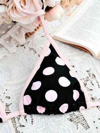 Pink Vintage Polka Dot Contrast Binding Halter Triangle Bikini Top