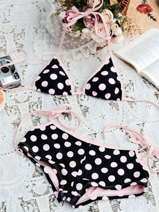 Pink Vintage Polka Dot Contrast Binding Cutout Tie Cheeky Boyshorts Bikini Set