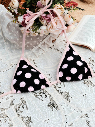 Pink Vintage Polka Dot Contrast Binding Halter Triangle Bikini Top