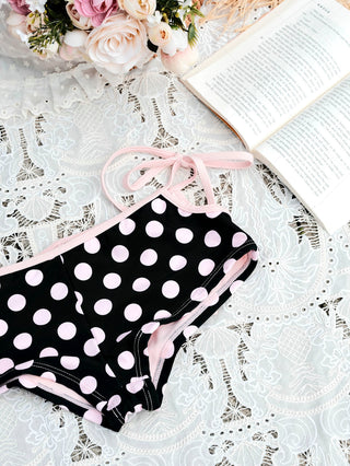 Pink Vintage Polka Dot Contrast Binding Cutout Tie Cheeky Boyshorts Bikini Set