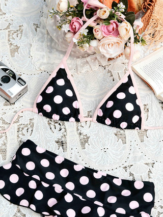 Pink Vintage Polka Dot Contrast Binding Triangle Skirtini Bikini Set