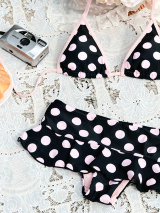 Pink Vintage Polka Dot Contrast Binding Triangle Skirtini Bikini Set