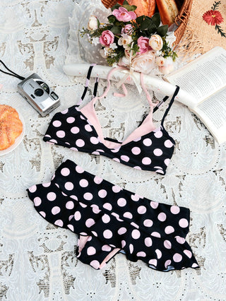 Pink Vintage Polka Dot Print Double Layer Top & Skirted Bottom Bikini Set