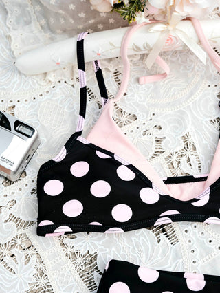 Pink Vintage Polka Dot Print Double Layer Top & Skirted Bottom Bikini Set