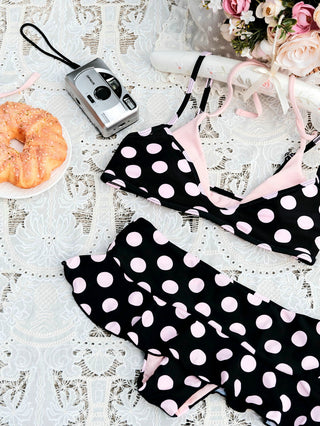 Pink Vintage Polka Dot Print Double Layer Top & Skirted Bottom Bikini Set