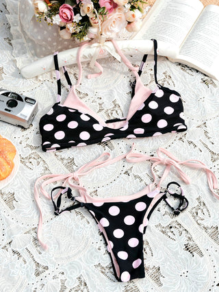 Pink Vintage Polka Dot Print Contrast Color String Double Layer Bikini Set
