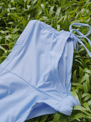 Powder Blue Solid Color Ruched Deep V Neck Cinched Cheeky Boyshorts Tankini Set