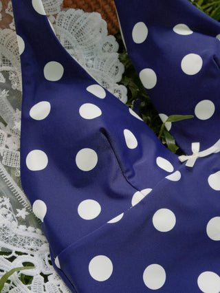 Deep Blue Polka Dot Bowknot Halter Tied Back Top & Cheeky Boyshorts Tankini Set