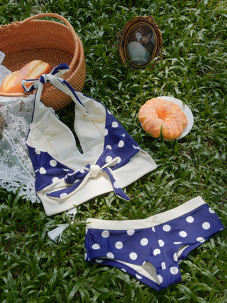 Deep Blue Polka Dot Bowknot Halter Tied Back Top & Cheeky Boyshorts Tankini Set