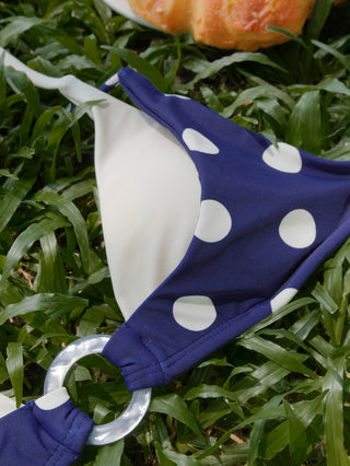 Deep Blue Polka Dot Print O Ring Double Layer Top & Cheeky Boyshorts Bikini Set