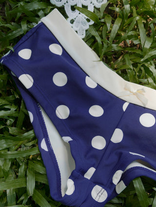 Deep Blue Polka Dot Print O Ring Double Layer Top & Cheeky Boyshorts Bikini Set