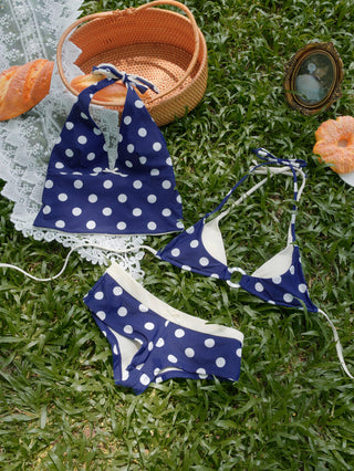 Deep Blue Polka Dot Print O Ring Double Layer Top & Cheeky Boyshorts Bikini Set