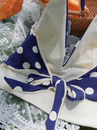 Deep Blue Polka Dot Bowknot Halter Tied Back Top & Cheeky Boyshorts Tankini Set